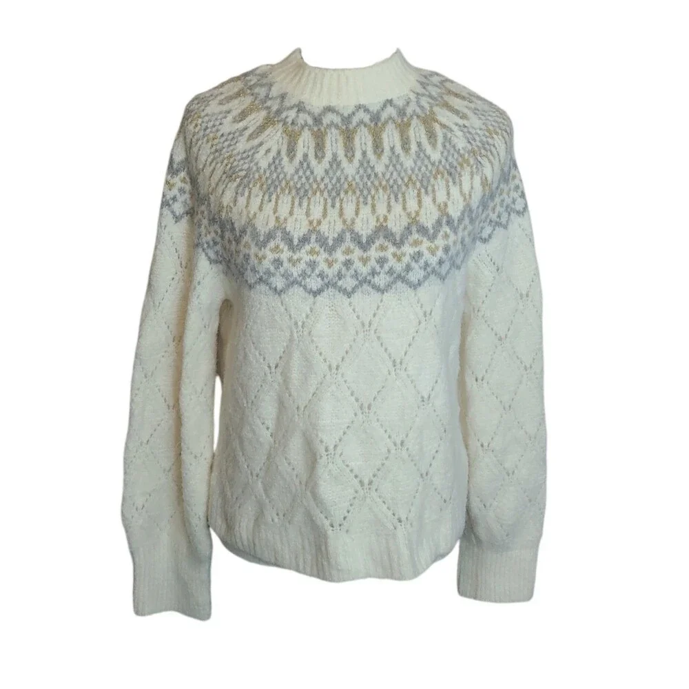 Women's Democracy sweater, white, size PM, with gold and gray details.
